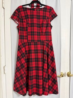 Red and Black Plaid Cap-Sleeve Fit-and-Flare Mini Dress